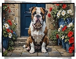 Pies, Buldog angielski, Kwiaty, Dom, Grafika