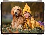 Dziewczyna, Czapka, Pies, Golden retriever